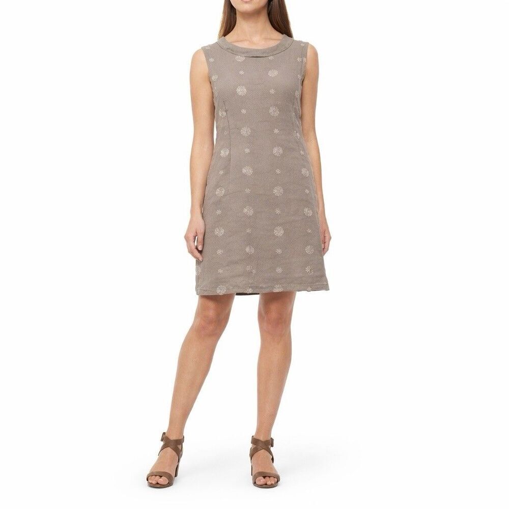 LINA TOMEI Italy Linen Embroidered Dot Sleeveless Shift Dress Lagenlook Taupe S